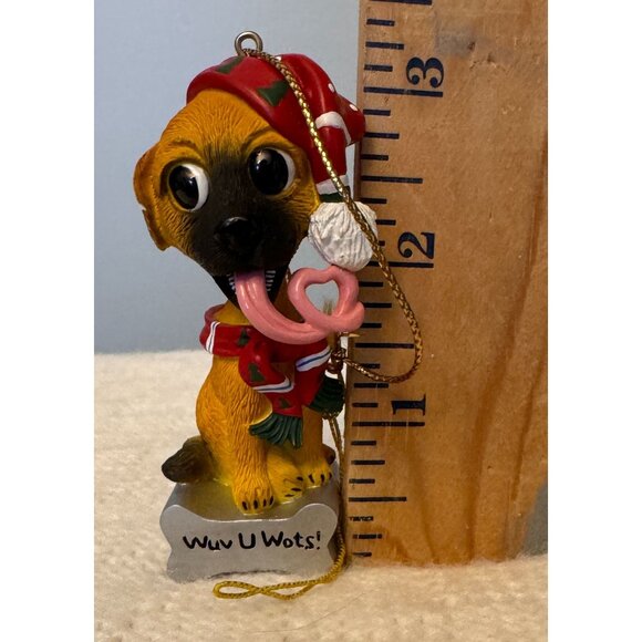 Cute Dog Christmas Ornament Dogs Tongue is Heart he's On Bone  saying Wuv U Wots - Picture 7 of 8